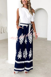 Unique Ethnic Print Belted Casual Pocket Wide Leg Pants