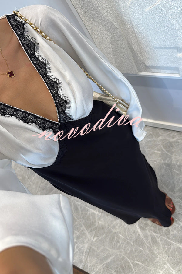 Lainei Contrast Color Satin Lace Trim V-neck Long Sleeve Maxi Dress