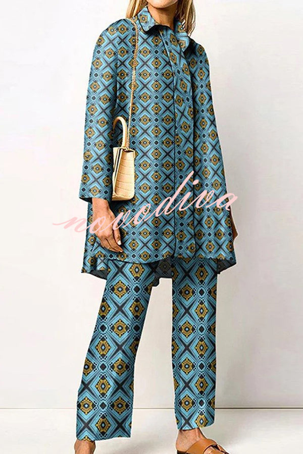 Geometric Print Lapel Long Sleeved Top and Pants Two Piece Set