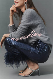 New Year Eve Sequin Feather Trim High Rise Back Zipper Flare Pants