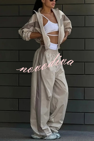 Fashionable Contrasting Long-sleeved Loose Coat and Elastic Waist Wide-leg Pants Set
