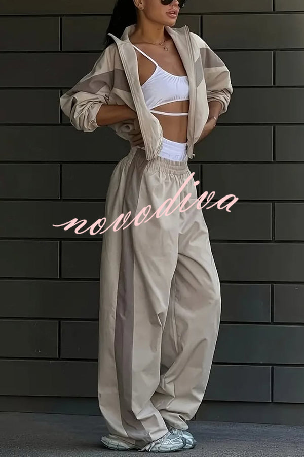 Fashionable Contrasting Long-sleeved Loose Coat and Elastic Waist Wide-leg Pants Set