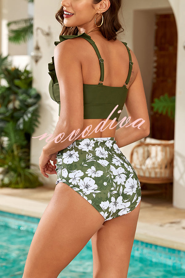 Botanical Print Ruffled Two-piece Stretch Bikini Swimsuit