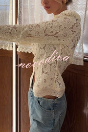 Fashion Hollow Lace Stand Collar Long Sleeve Slim Shirt