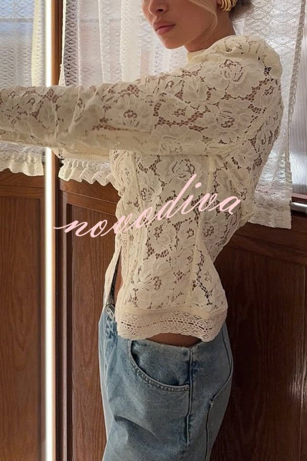 Fashion Hollow Lace Stand Collar Long Sleeve Slim Shirt