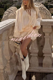 Ninah Glitter Fabric Pleated Balloon Sleeve Tiered Ruffle Hem Mini Dress