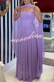 Lavender Scent Chiffon Ruched Strapless Removable Cape Maxi Dress