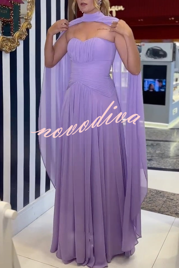 Lavender Scent Chiffon Ruched Strapless Removable Cape Maxi Dress