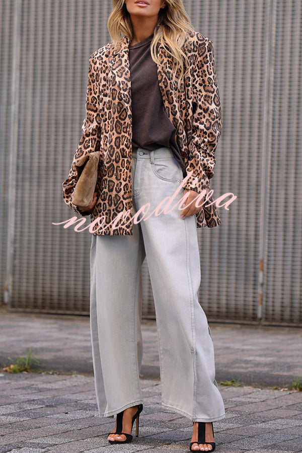 Catwalk Leopard Single Button Long Sleeve Pocketed Lapel Boyfriend Blazer