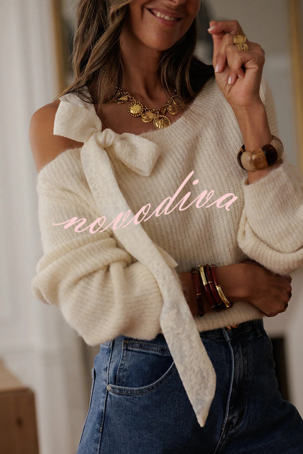 Solid Color Bow Tie Long-sleeved Casual Knit Sweater