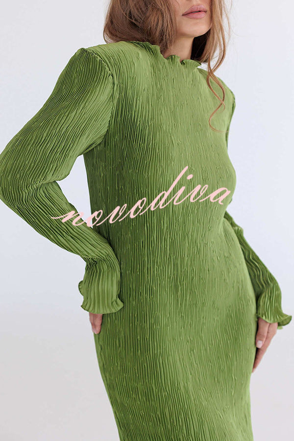 Hansin Satin Pleated Fabric Long Sleeve Wavy Trim H-line Slit Midi Dress