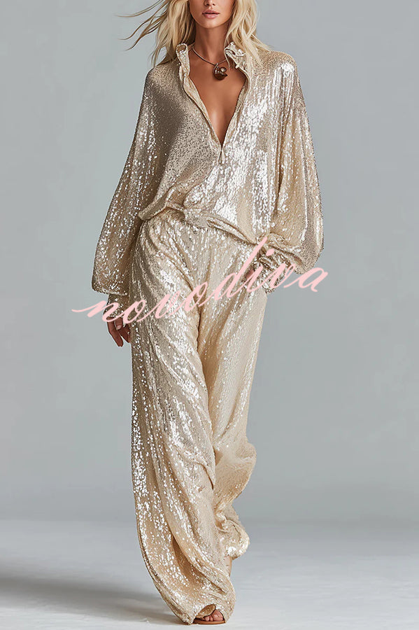 Glamorous Day Sequin Half Zip Loose Shirt and Elastic Waist Pocket Wide Leg Pants Set