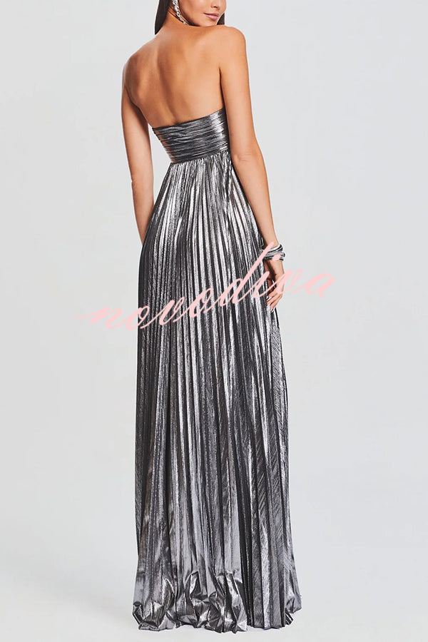 Metallic Sexy Tube Top Pleated High Slit Maxi Dress
