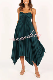 Solid Color Sexy Suspender Pleated Irregular Midi Dress