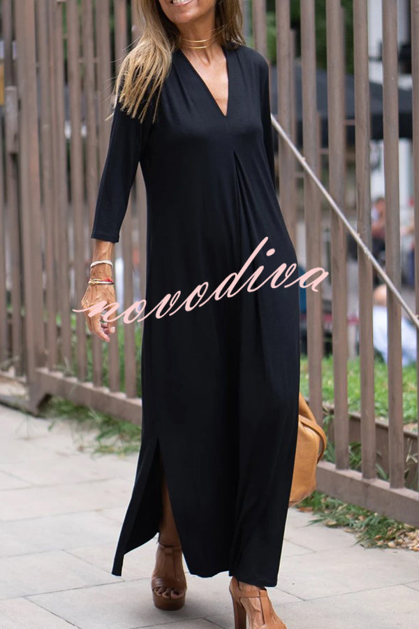 Solid Color V-neck Casual Slit Maxi Dress