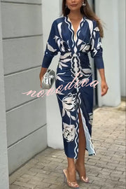 Caliana Unique Print Dolman Long Sleeve Ruched Slit Midi Dress