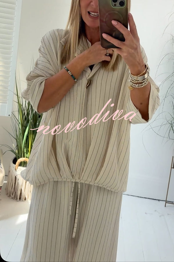 Fashion Striped Print Lapel Loose Top and Elastic Waist Casual Wide-leg Pants Set