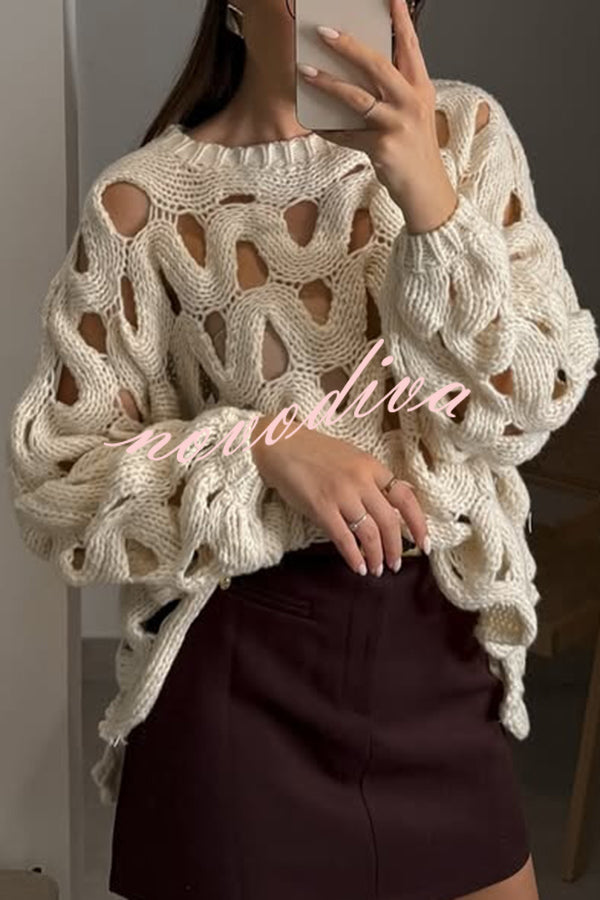 Solid Color Casual Hollow Long-sleeved Holiday Knitted Sweater