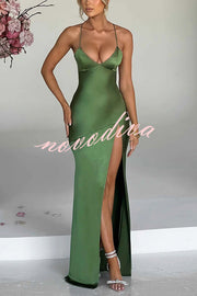 Satin Solid Color Sexy Backless Lace Up High Slit Maxi Dress