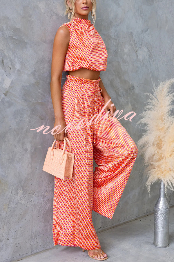 Girls Night Satin Printed High Neck Top and Elastic Tie-up Waist Pocket Wide Leg Pants Set