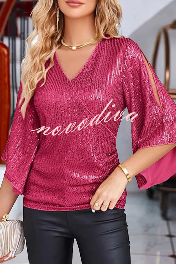 Solid Color Sequined V-neck Hollow Sleeve Slim Fit Top