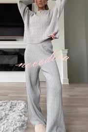 Autumn Travel Knit Cable Long Sleeve Sweater and Elastic High Waist Wide Leg Pants Set