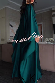 Dignified and Elegant Satin Batwing Sleeve with Waist Tie Design A-line Maxi Dress
