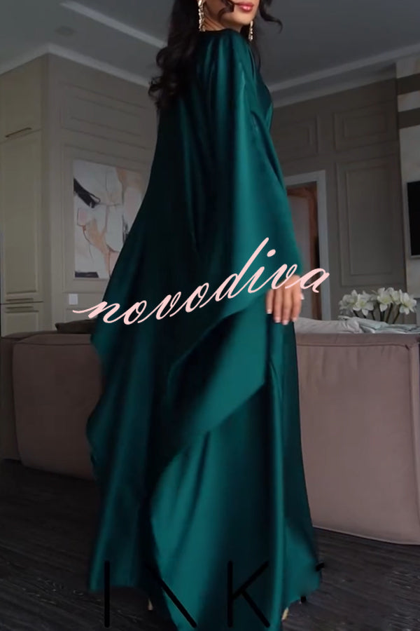 Dignified and Elegant Satin Batwing Sleeve with Waist Tie Design A-line Maxi Dress