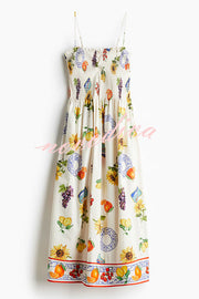 Summer Fruit Print Sling Pleated Vacation Midi Dress