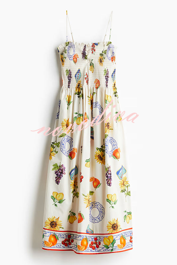 Summer Fruit Print Sling Pleated Vacation Midi Dress