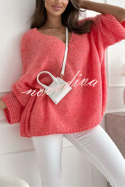 Solid Color Loose V-neck Casual Knitted Sweater