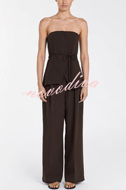 Retro Style Lace-up Tube Top and Casual Pocket Straight Pants Set