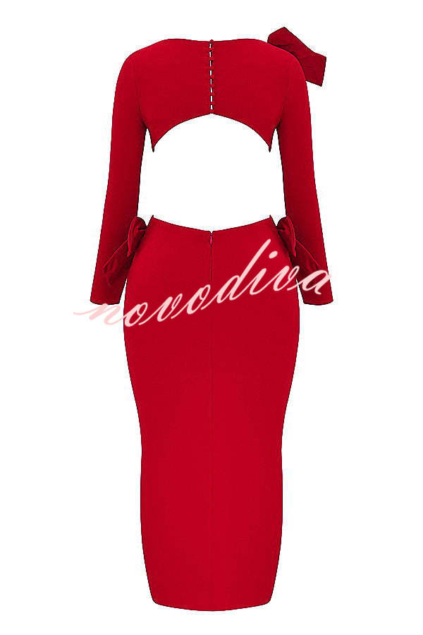 Lovely Bow Cutout Button Back Zipper Long Sleeve Maxi Dress