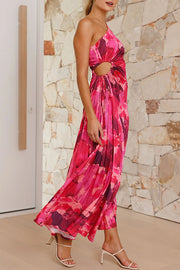 Laken Floral Print One Shoulder Adjustable Tie Cutout Pleated Maxi Dress