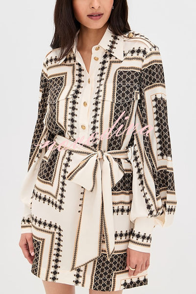 Hildie Unique Print Epaulettes Long Sleeve Flap Pockets Tie-up Waist Shirt Mini Dress