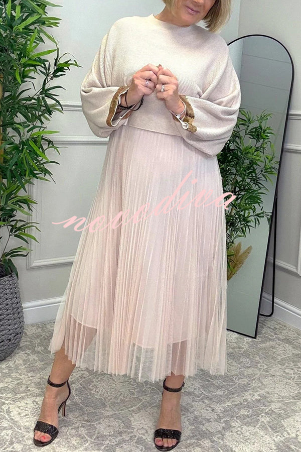 Fenna Ribbed Sequin Trim Batwing Sleeve Sweater and Pleated Tulle Stretch Tank Midi Dress Two-piece Set