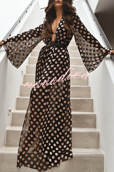 Elevate Beach Style Polka Dot Print Drawstring Waist Cover-up Maxi Dress