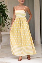 Striped Polka-dot Print Sling Pleated Open-back Maxi Dress