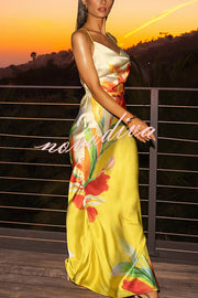 Luisa Satin Floral Print Cowl Neck Sexy Open Back Tie-up Maxi Dress