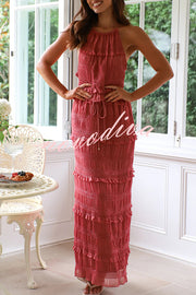 Feel Chic and Romantic Sequin Textured Material Drawstring Waist Tiered Maxi Skirt