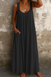 Solid Color Casual Ruffle Suspender Loose Pocket Maxi Dress