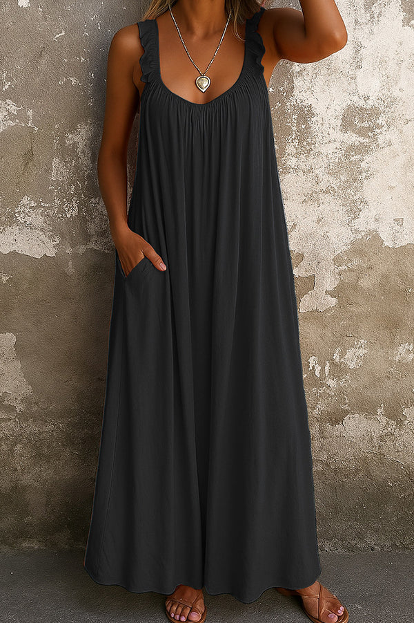 Solid Color Casual Ruffle Suspender Loose Pocket Maxi Dress
