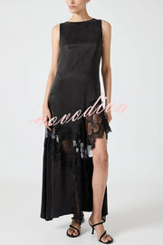 Pretty Soul Satin Lace Trim Wide Neck Irregular Hem Slit Maxi Dress