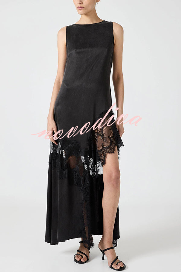 Pretty Soul Satin Lace Trim Wide Neck Irregular Hem Slit Maxi Dress