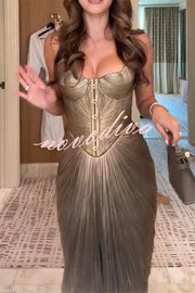 Vegas Queen Metallic Pleated Sculpted Bodice Back Lace-up Drape Maxi Dress
