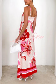 Floral Print Strap Square Neck Large Hem Maxi Dress