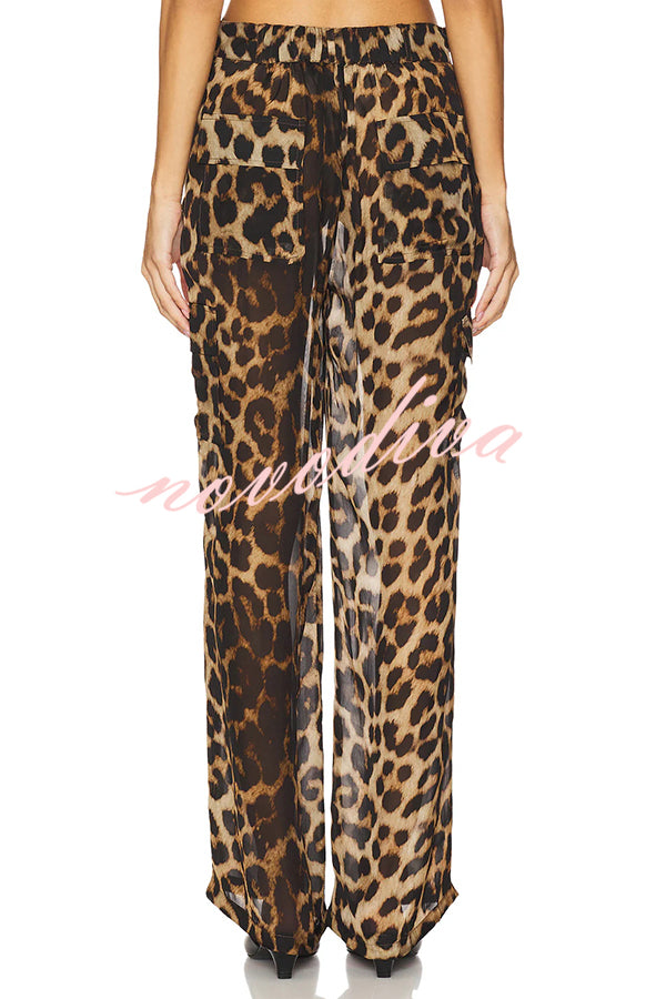 Minka Chiffon Leopard Elastic Waist Pocketed Loose Cargo Pants