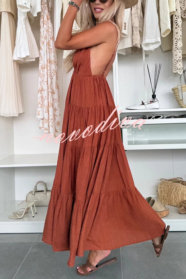 Bohemian Style V-neck Backless Slip Layered Vacation Maxi Dress