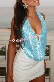 Mermaid Princess Sequins Cowl Neck Halter Backless Top