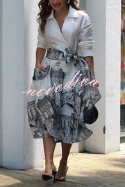 Jiles Linen Blend Unique Contrast Print Long Sleeve Tie-up Pocket Shirt Midi Dress